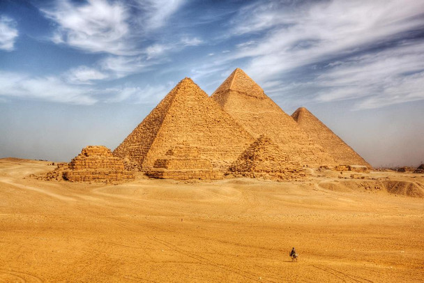 Laminated Man on Camel Riding Towards Egyptian Pyramids Photo Photograph Poster Dry Erase Sign 36x24