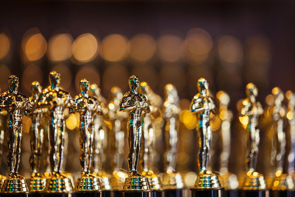 Laminated Golden Awards Statues In a Row Photo Photograph Poster Dry Erase Wall Art 36x24