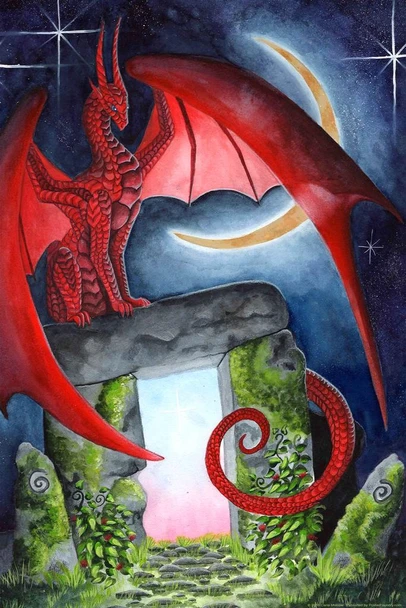 Laminated Watcher at the Morning Gate by Carla Morrow Red Dragon Stone Moon Fantasy Poster Dry Erase Wall Art 12x18