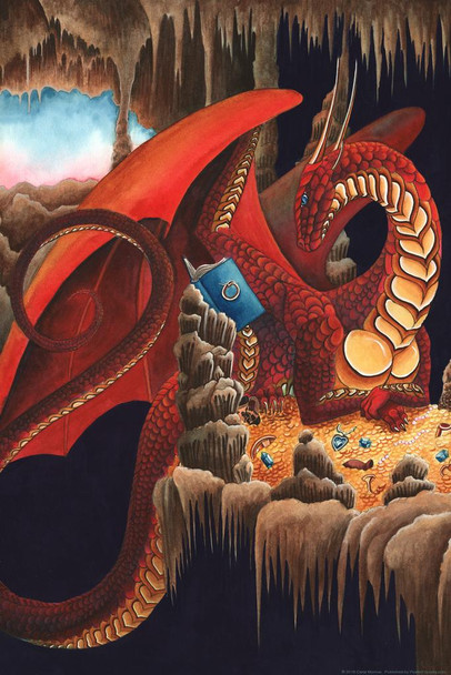 Laminated Most Precious Treasure by Carla Morrow Red Dragon Lair Gold Jewels Fantasy Poster Dry Erase Wall Art 12x18