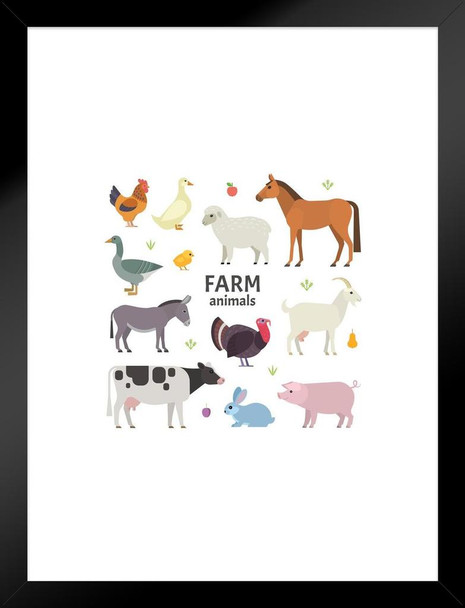 Farm Animals Horse Cow Pig Sheep Drawing Kids Room Poster Animal Collection Illustration Nature Wildlife Zoo Matted Framed Art Wall Decor 20x26