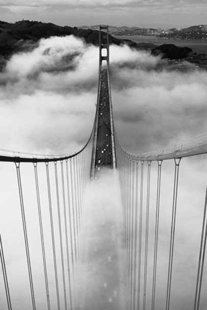 Misty Morning Golden Gate Bridge B&W Photography Laminated Dry Erase Sign Poster 24x36