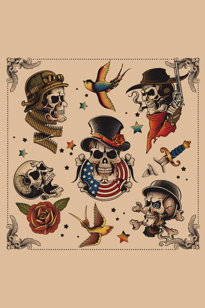Laminated Skull Set Vintage Tattoo Art Print Poster Dry Erase Wall Art 24x36