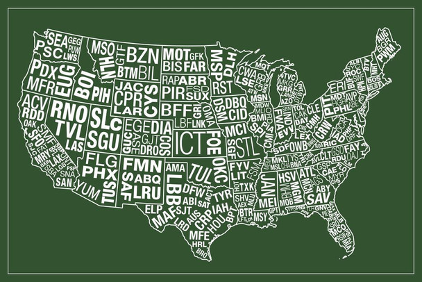 Laminated USA Airports Abbreviation Code Green Airport Wall Art Aviation Artwork Canvas Wall Airplane Decor Aerospace Wall Art USA Airport Code Map Directory Canvas Decor Poster Dry Erase Sign 36x24