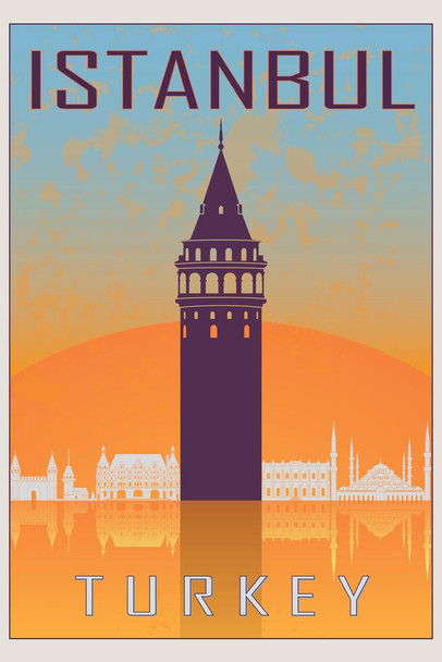 Laminated Istanbul Turkey Retro Travel Art Poster Dry Erase Sign 24x36