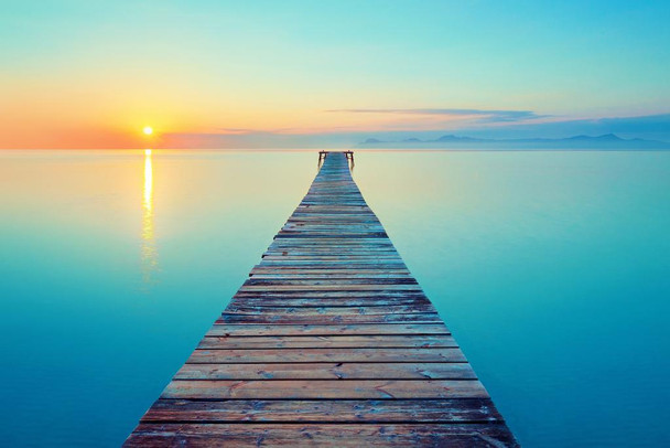 Peaceful Footbridge Long Pier Dock Over Water at Sunrise Photo Beach Sunset Palm Landscape Pictures Ocean Scenic Scenery Tropical Nature Photography Paradise Cool Huge Large Giant Poster Art 54x36
