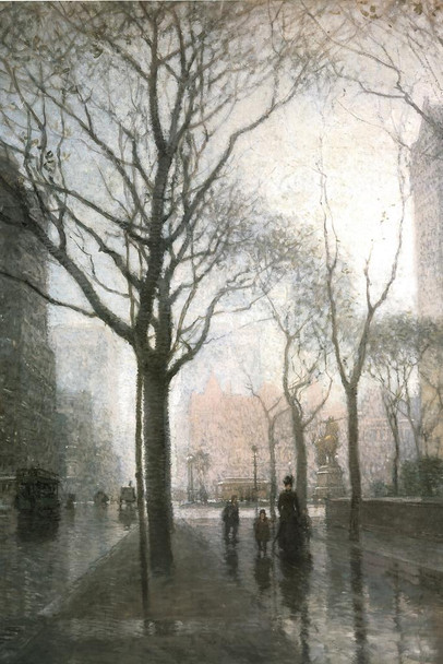 Paul Cornoyer Plaza After The Rain Cityscape Painting Poster 1908 Muted Color Impressionist Canvas Laminated Dry Erase Wall Poster 24x36