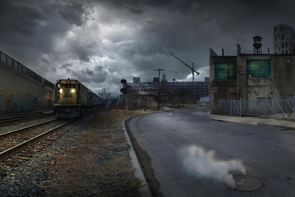 Laminated Train on Train Tracks Dilapidated Industrial City Photo Photograph Poster Dry Erase Wall Art 36x24