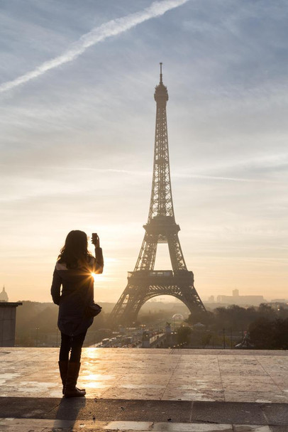 Laminated Tourist Photographing the Eiffel Tower Paris Photo Photograph Poster Dry Erase Wall Art 24x36