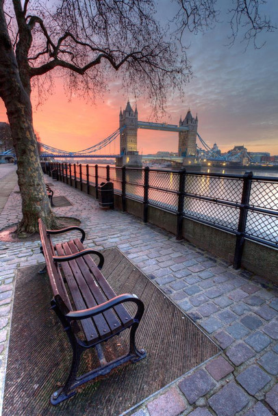 Laminated Tower Bridge From a Bench Across Thames River Photo Photograph Poster Dry Erase Wall Art 24x36