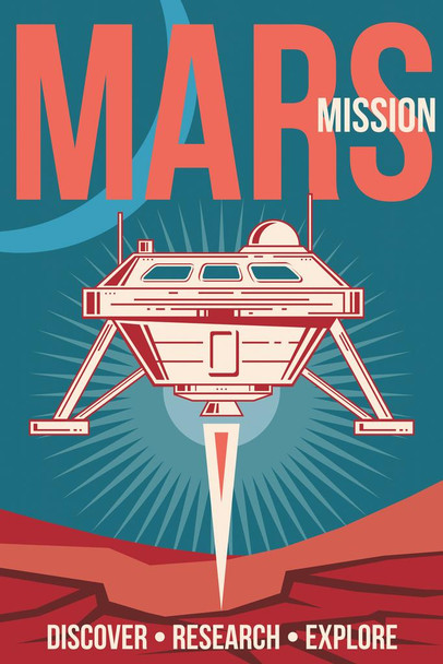 Laminated Spaceship Landing on Mars Vintage Space Travel Art Print Poster Dry Erase Sign 24x36