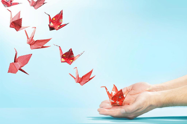 Laminated Red Origami Paper Cranes Flying Away From Hands Photo Photograph Poster Dry Erase Wall Art 36x24