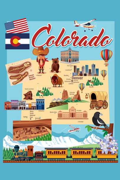 Laminated Illustrated Map of Colorado Poster Dry Erase Sign 24x36