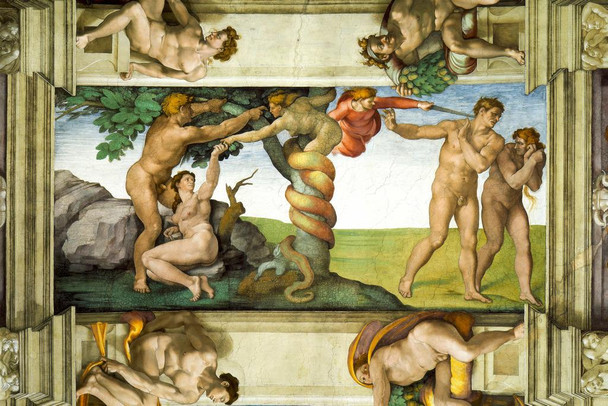 Laminated Michelangelo The Fall and Expulsion from the Garden of Eden Realism Romantic Artwork Michelangelo Prints Biblical Drawings Portrait Painting Wall Art Posters Poster Dry Erase Sign 36x24