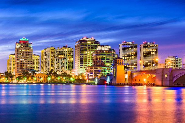 Laminated West Palm Beach Florida Skyline Illuminated at Dusk Photo Photograph Poster Dry Erase Wall Art 36x24