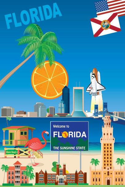 Laminated Florida The Sunshine State Travel Sites United States South Miami Beach Sunny Tourism Tourist Illustration Sunset Palm Landscape Pictures Ocean Scenic Scenery Poster Dry Erase Wall Art 24x36