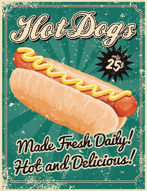 Laminated Hot Dogs Made Fresh Daily Hot And Delicious Vintage Art Print Poster Dry Erase Sign 24x36