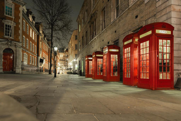Laminated Row of Red Call Boxes London England Photo Photograph Poster Dry Erase Wall Art 36x24