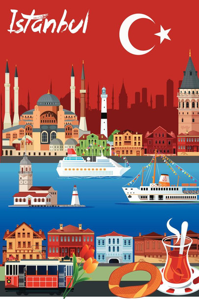 Laminated Istanbul Turkey Panorama Travel Tourist Sites Art Print Poster Dry Erase Sign 24x36