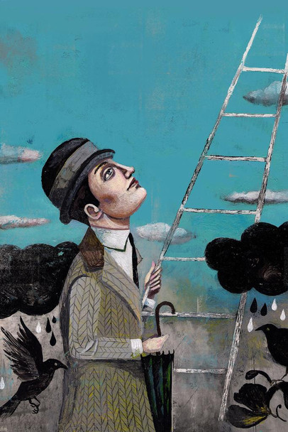 Laminated Change Man With Umbrella Looking Holding Ladder Fine Art Print Wall Art Cubism Expressionism Artwork Style Abstract Symbolist Oil Painting Canvas Home Decor Poster Dry Erase Wall Art 24x36