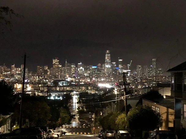 San Francisco Downtown City Buildings Rainy Night Landscape Photo Laminated Dry Erase Sign Poster 36x24
