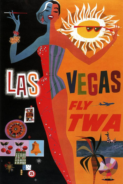 Laminated Las Vegas Fly TWA Retro Travel Poster Dry Erase Sign 24x36