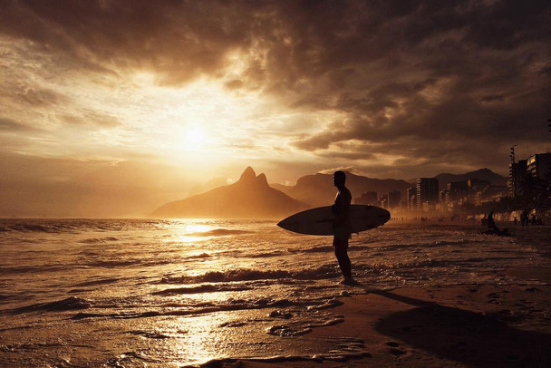 Laminated Surfer On Ipanema Beach Sunset Rio De Janeiro Brazil Poster Dry Erase Sign 36x24