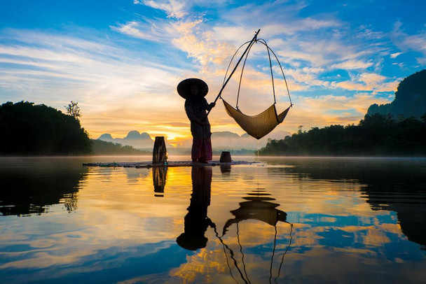 Laminated Fisherman On Raft With Fishing Nets In Asia Sky Reflecting On Lake Photo Poster Dry Erase Wall Art 36x24
