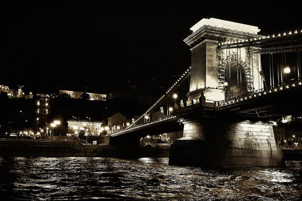 Laminated The Chain Bridge Budapest River At Night Black White Photo Poster Dry Erase Sign 36x24