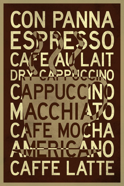 Laminated Types Of Coffee Cup Brown Poster Dry Erase Sign 24x36