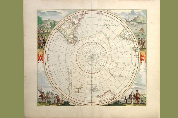 Laminated South Pole Hemispherical 1693 Antique Vintage Map Poster Dry Erase Sign 24x36