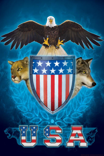 Laminated USA Trinity Bald Eagle Lion Wolf Shield by Vincent Hie Strength Art Print Poster Dry Erase Sign 24x36