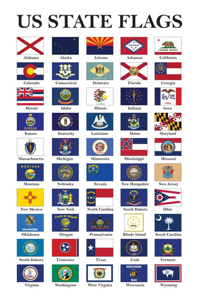Laminated Usa State Flags Classroom Chart White State Flag Patriotic Posters American Flag Poster Of Flags For Wall Flags Poster Us Cool Wall Art Poster Dry Erase Sign 24x36