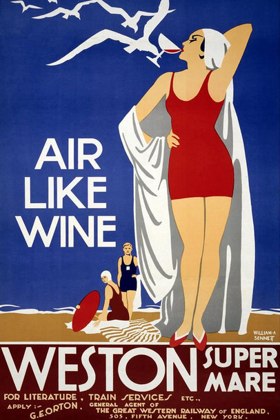 Laminated Air Like Wine Weston Great Western Railway Vintage Travel Poster Dry Erase Sign 24x36