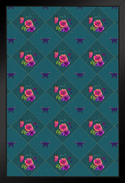 Rose Garden Butterfly Decorative Repeating Pattern Design by Rose Khan Cool Wall Decor Art Print Black Wood Framed Poster 14x20
