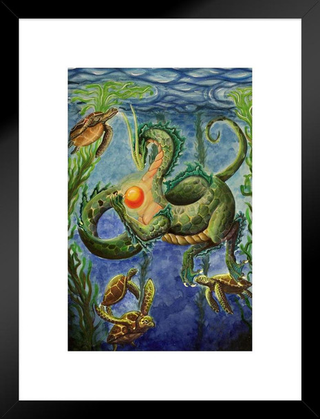 Secrets of the Sea by Carla Morrow Ocean Turtles Underwater Green Dragon Fantasy Cool Wall Decor Matted Framed Wall Decor Art Print 20x26