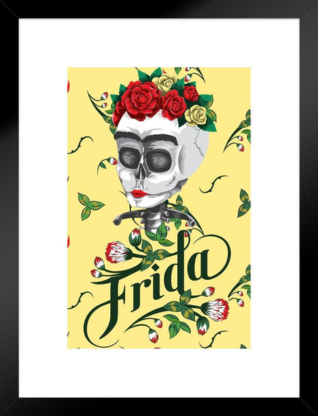 Frida Kahlo Skeleton Skull Flower Day of the Dead Dios Los Muertos Painting Feminist Feminism Painter Pop Art Colorful Matted Framed Art Wall Decor 20x26
