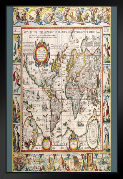 Antique World Map Discovery of America 1492 Latin Text Orbis Geographica Europe Africa Asia Cool Wall Decor Art Print Black Wood Framed Poster 14x20