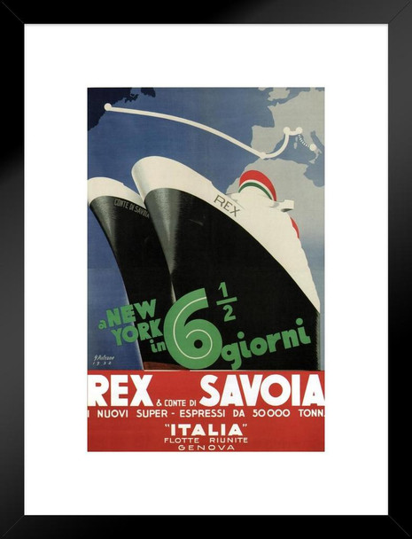 Rex Savoia Italian Cruise Ship Line Italy to New York Vintage Travel Cool Wall Decor Matted Framed Wall Decor Art Print 20x26