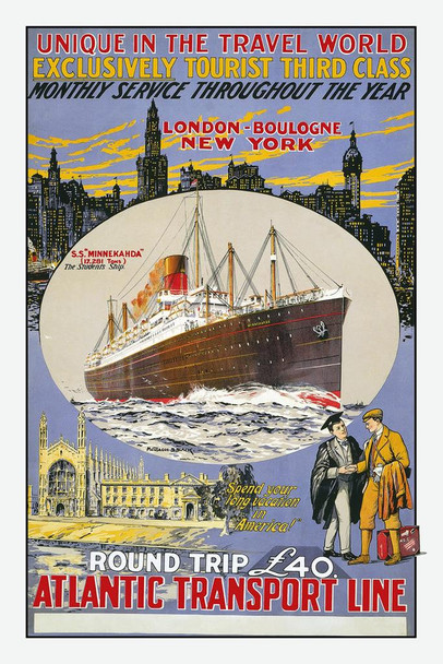 Atlantic Transport Line Ocean Liner SS Minnekahda Student Ship London New York Ocean Crossing Cruise Ship Vintage Cool Wall Decor Art Print Poster 24x36