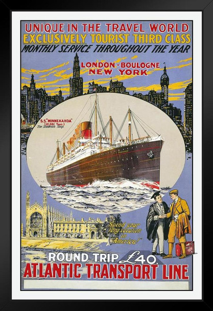 Atlantic Transport Line Ocean Liner SS Minnekahda Student Ship London New York Ocean Crossing Cruise Ship Vintage Cool Wall Decor Art Print Black Wood Framed Poster 14x20