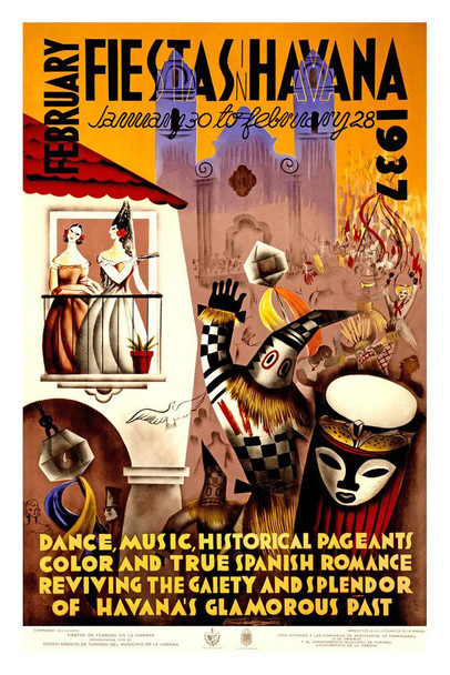 Laminated February Fiestas Havana Cuba 1937 Dance Music Festival Vintage Travel Poster Dry Erase Sign 12x18