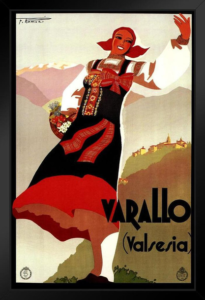 Italy Varallo Valsesia Historic Mountain Town Vintage Illustration Travel Cool Wall Decor Art Print Black Wood Framed Poster 14x20