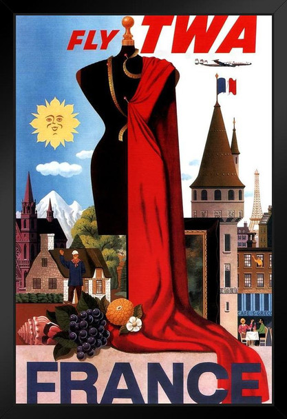 Visit France Paris Fly TWA Eiffel Tower French Flag Fashion Vintage Illustration Travel Cool Wall Decor Art Print Black Wood Framed Poster 14x20