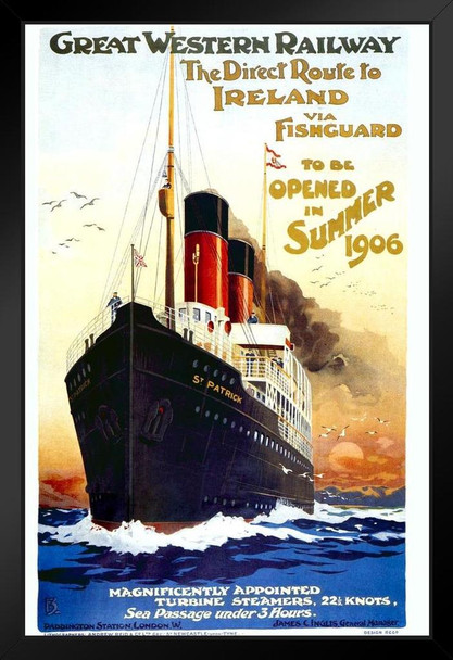 GWR Great Western Railway Ireland via Fishguard Ocean Liner Cruise Ship Summer 1906 Vintage Illustration Travel Cool Wall Decor Art Print Black Wood Framed Poster 14x20