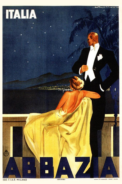 Italy Abbazia Elegant Couple Tuxedo Gown At Night Vintage Illustration Travel Cool Wall Decor Art Print Poster 24x36