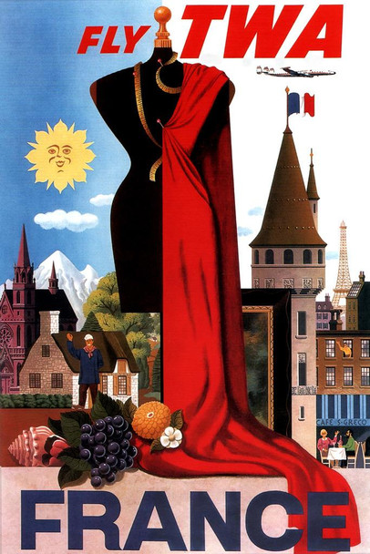 Visit France Paris Fly TWA Eiffel Tower French Flag Fashion Vintage Illustration Travel Cool Huge Large Giant Poster Art 36x54
