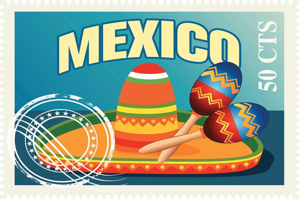 Mexican Sombrero and Maracas Vintage Travel Stamp Thick Paper Sign Print Picture 12x8