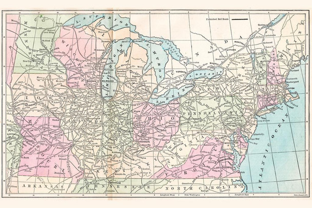 Travel Routes in the United States 1875 Antique Style Map with Cities in Detail Map Posters for Wall Map Art Wall Decor Country Illustration Tourist Destinations Thick Paper Sign Print Picture 12x8