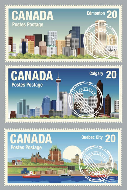 Canadian Cities Edmonton Calgary Quebec Travel Stamps Thick Paper Sign Print Picture 8x12